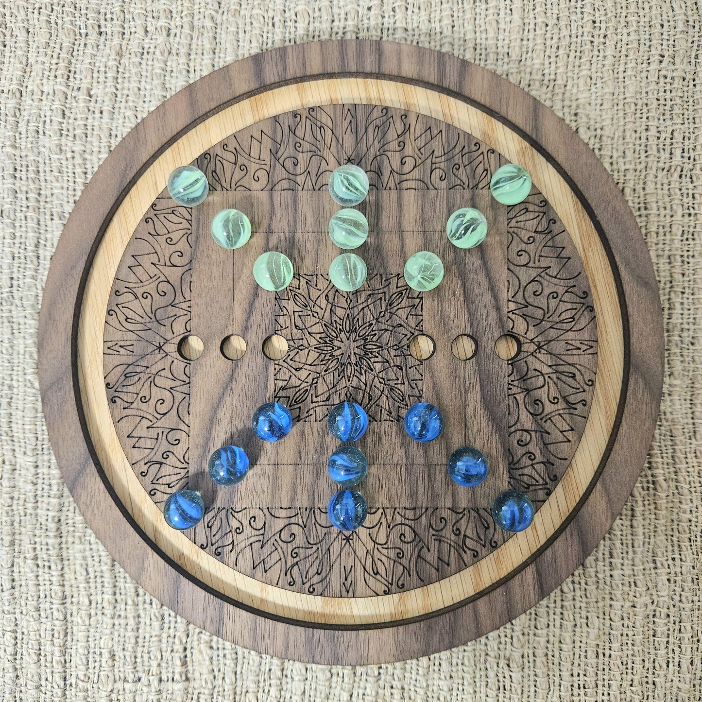 2-Sided Board Game- Wood Nine Men's Morris & Venetian Marble Solitaire