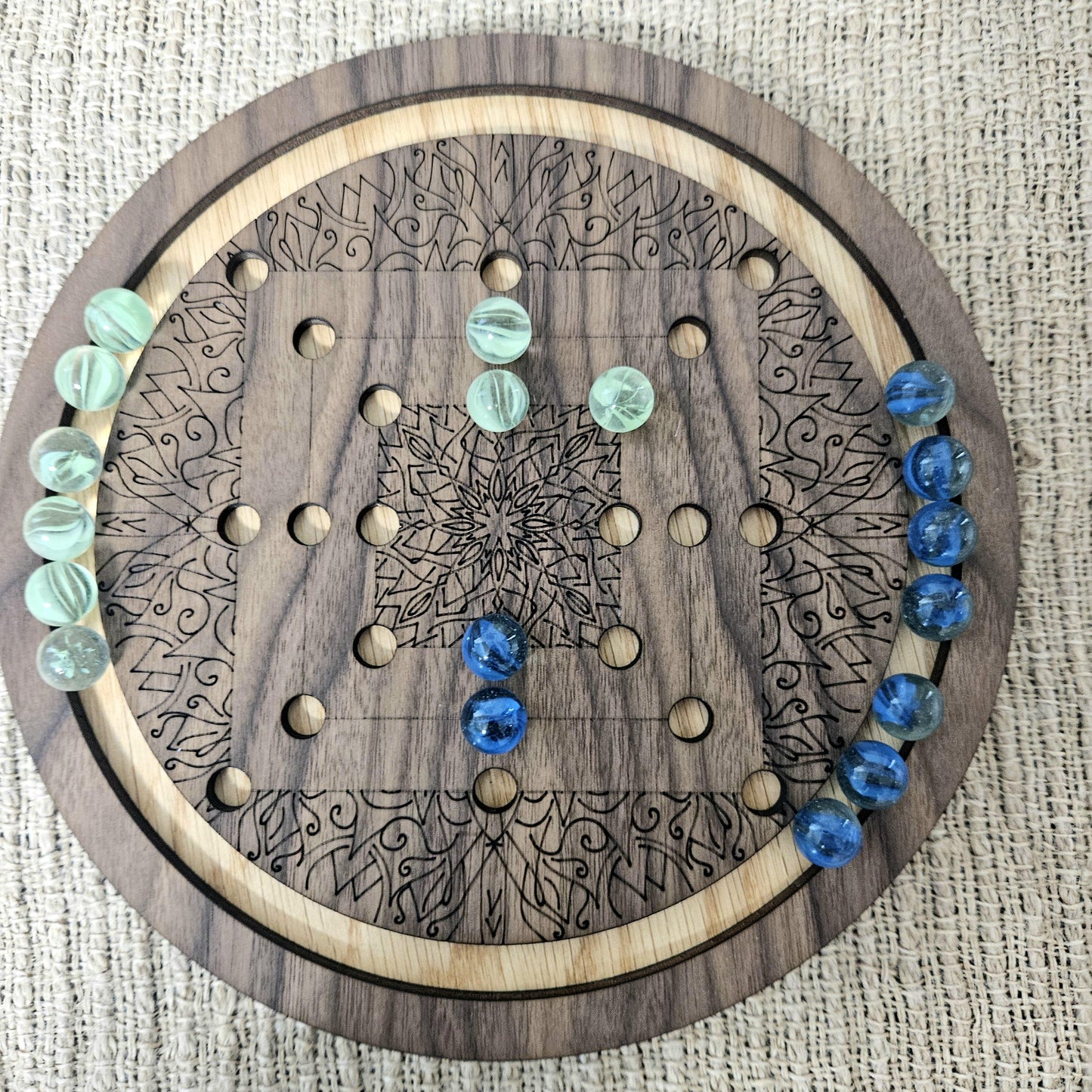 2-Sided Board Game- Wood Nine Men's Morris & Venetian Marble Solitaire