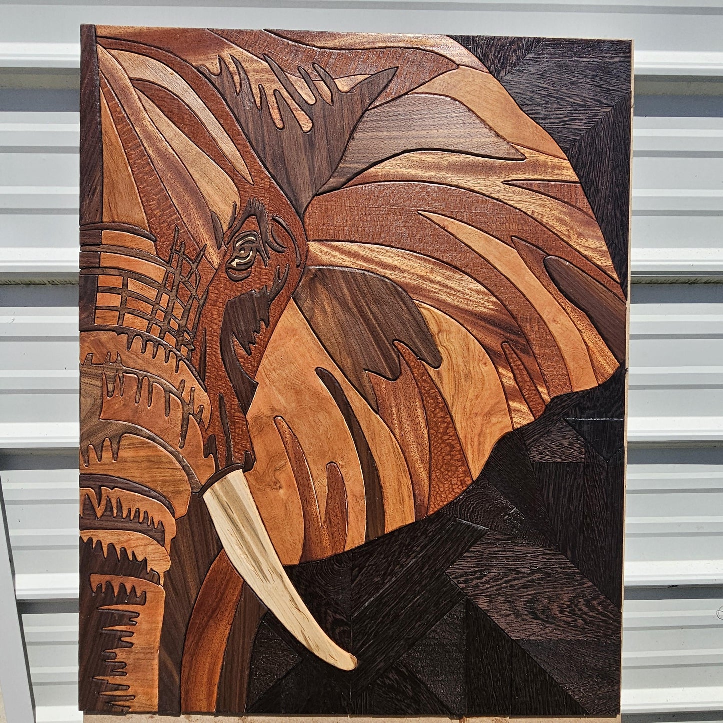 Large Lion & Elephant Wood Wall Art Made from Exotic Woods