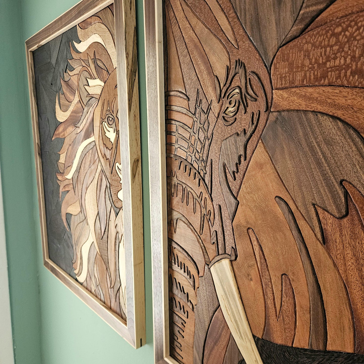 Large Lion & Elephant Wood Wall Art Made from Exotic Woods
