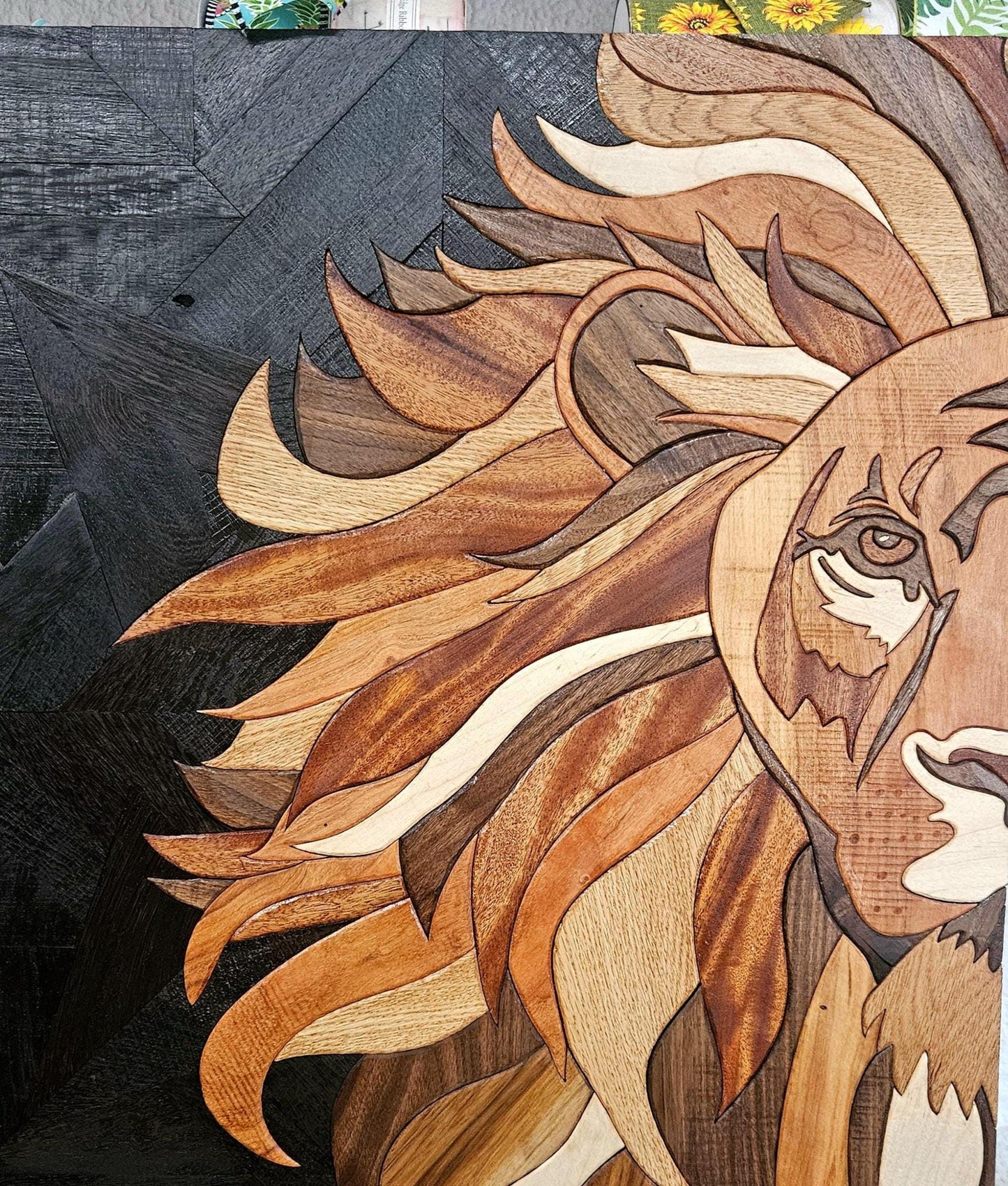 Large Lion & Elephant Wood Wall Art Made from Exotic Woods