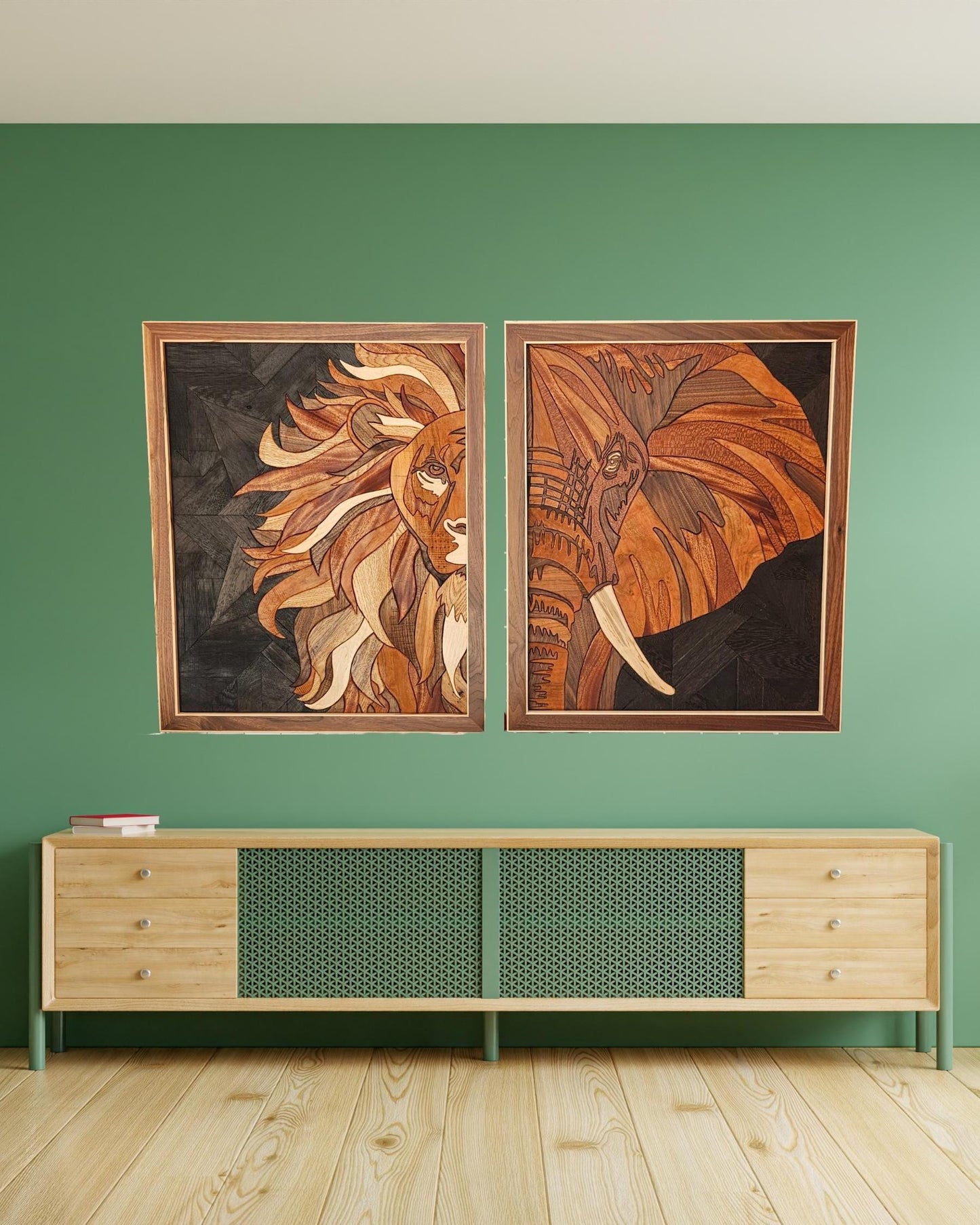 Large Lion & Elephant Wood Wall Art Made from Exotic Woods