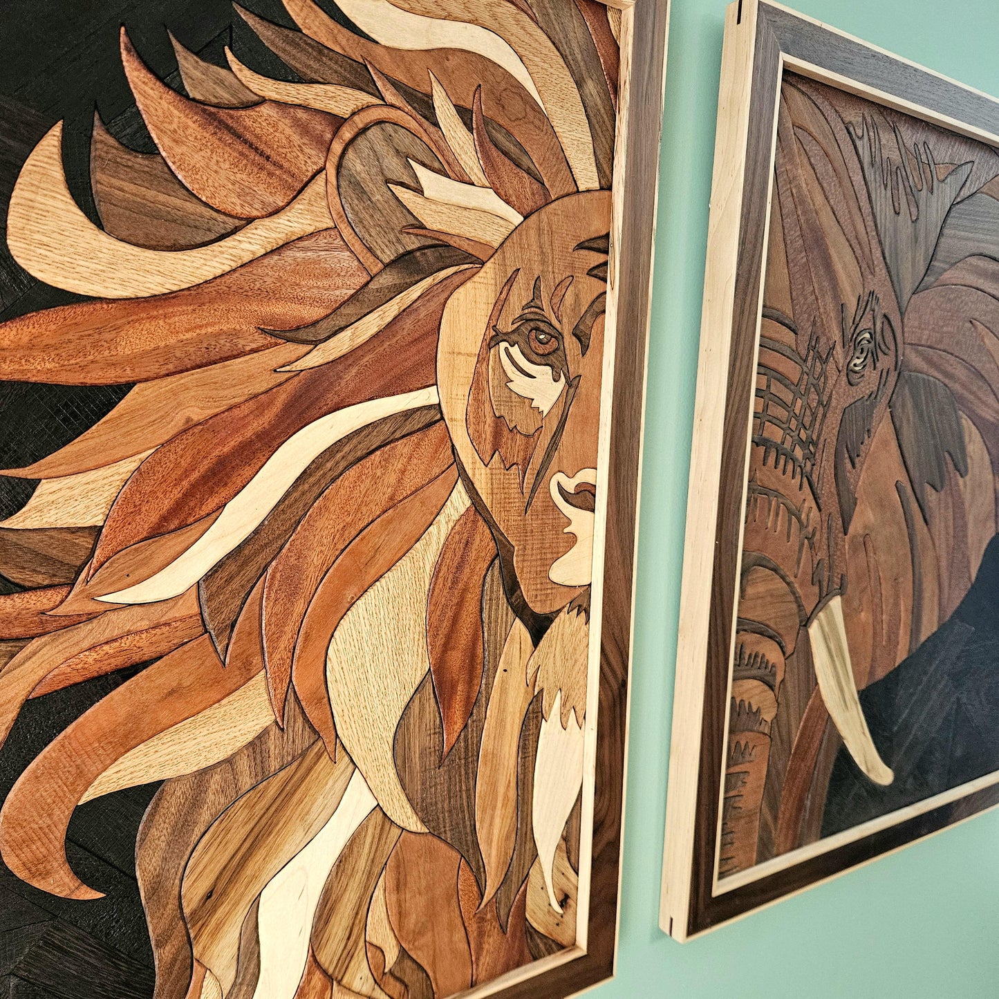 Large Lion & Elephant Wood Wall Art Made from Exotic Woods